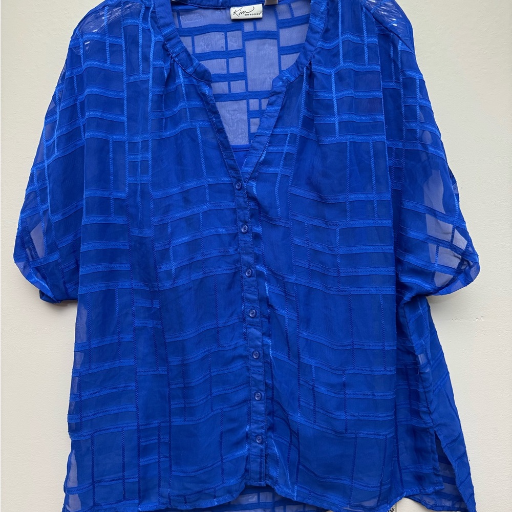 Kim Rogers Womens XL Blue Sheer Button Front Blouse Lightweight Top